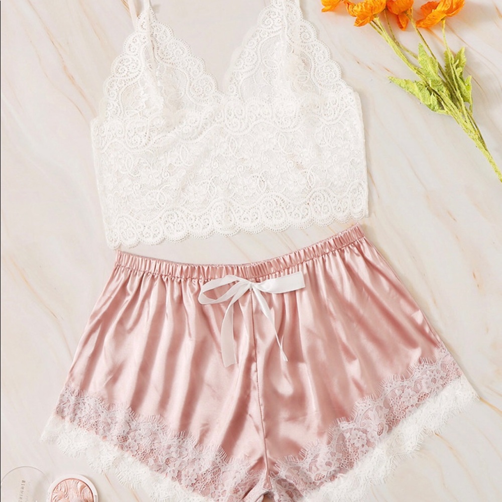 Plus Lace bralette with satin shorts